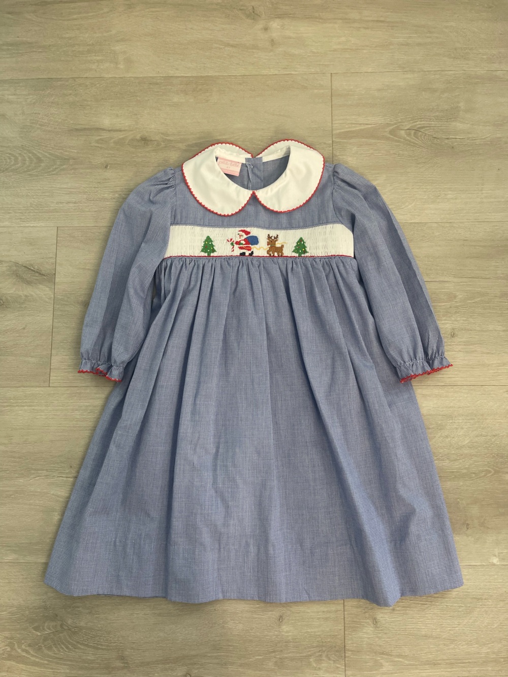 Blue Smocked Holiday Dress with White Peter Pan Collar